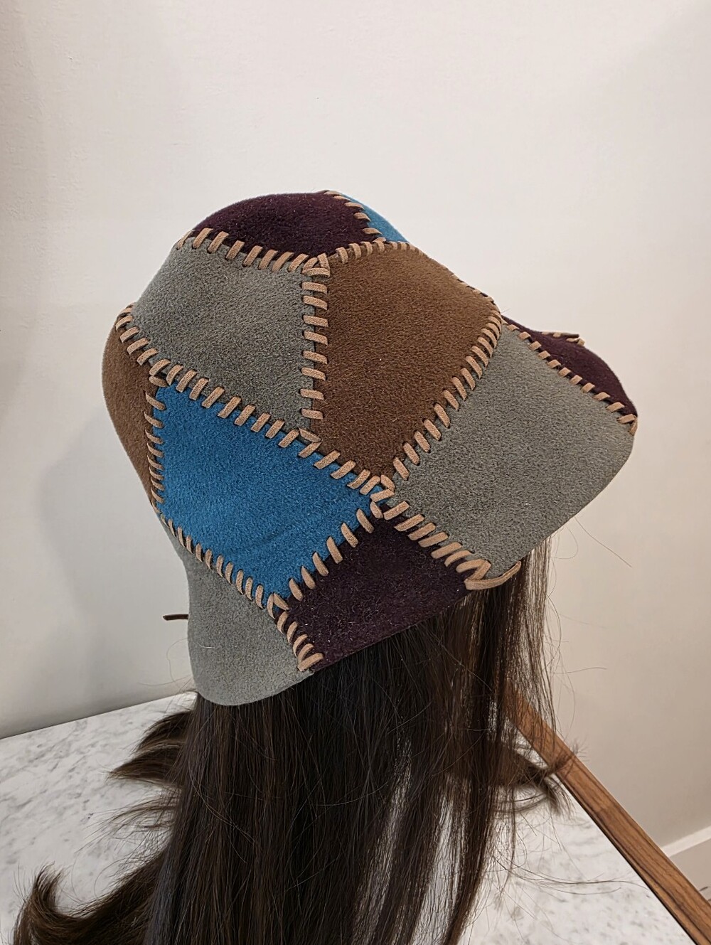 Lola Hats Patchwork Suede Bucket Hat in Brown, Gray & Blue
